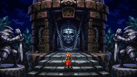The tower scene from Terranigma. A person stands on a staircase looking towards a tall, brick structure. On its front is a steel door with a face, held with chains. On each side of the staircase is an armored statue, holding a sword with its blade facing down. On the horizon is endless fields of green crystal