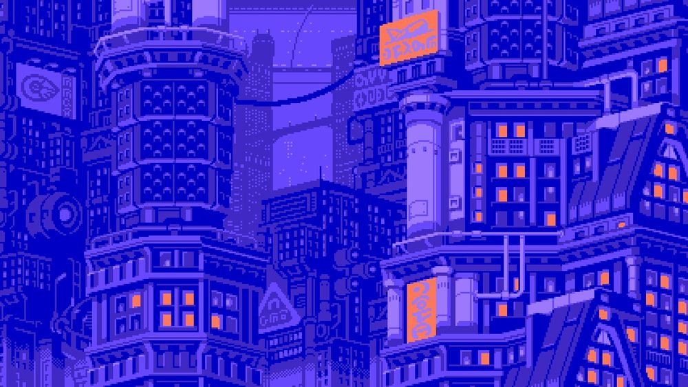 Pixel-art of a futuristic looking city in blues and purples. Pipes and ads are everywhere
