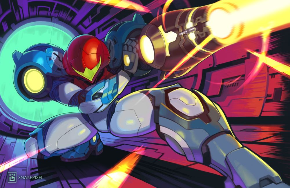 Samus Aran from Metroid Dread, firing a shot dynamically towards something off screen. Flairs from the arm-cannon illuminates the mechanical hallway in blues and reds