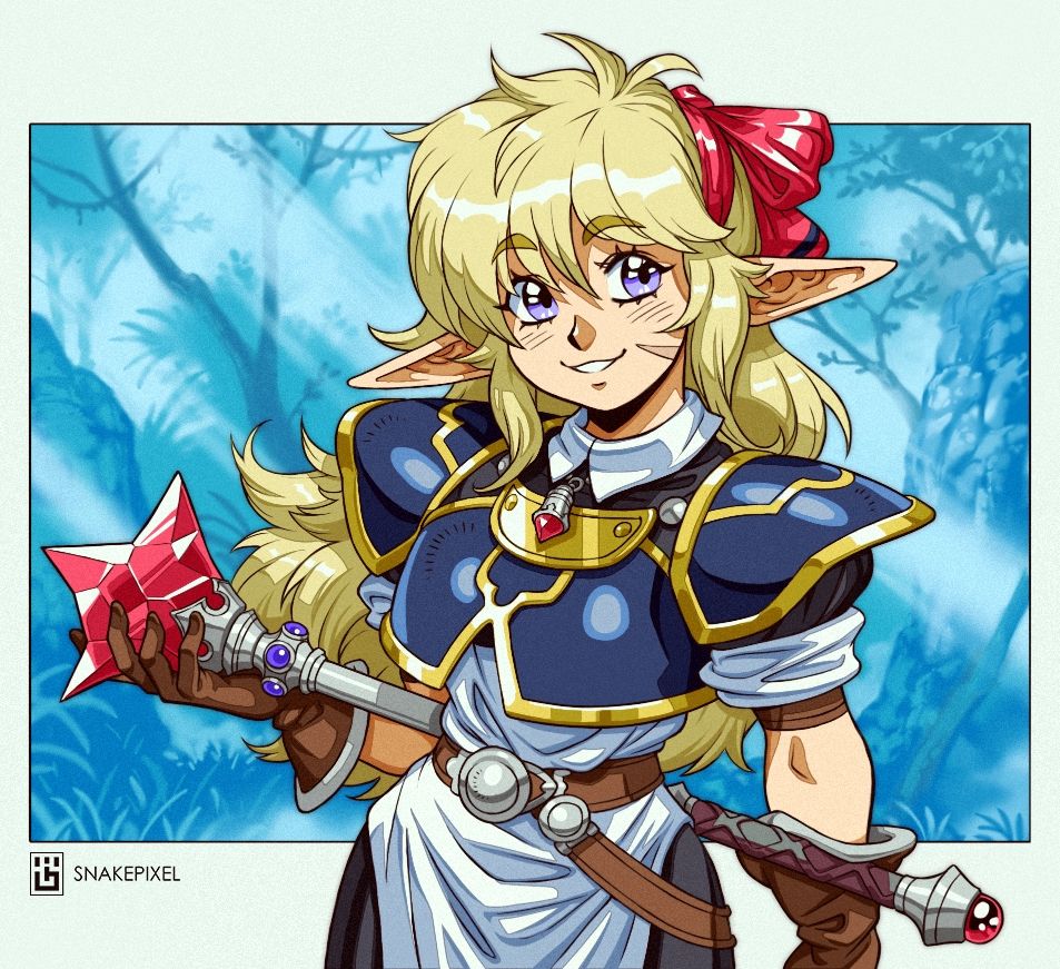 An anime-looking elf holding a crystal mace against her back, standing in front of some inner forest cast in light rays. The shoulder pads on her chest-only armor are very wide. You swear you watched the show at one point, despite it never existing.