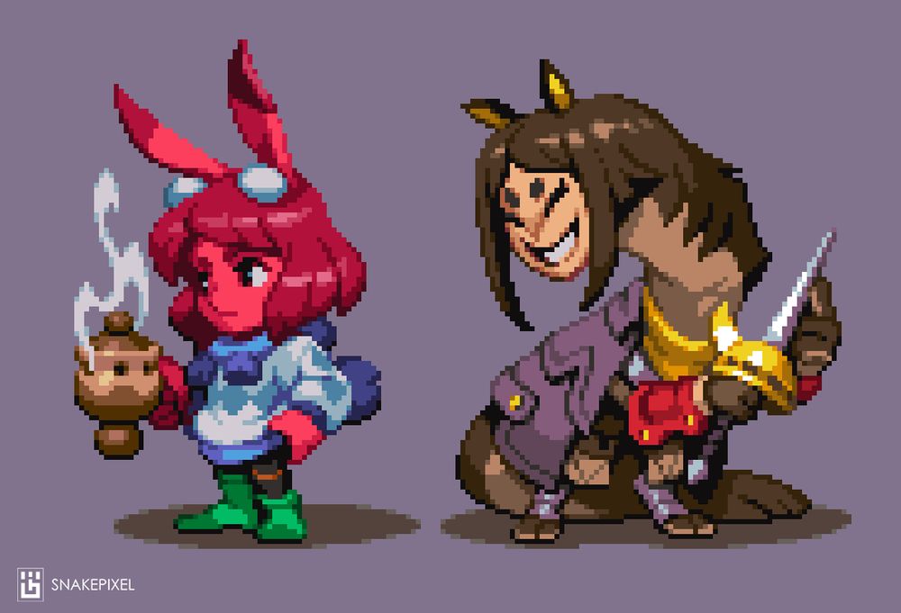 Pixel art of Mira, a red girl with strange ears on the top of her head holding a steaming, impractical mug. Next to her, a brown haired woman with a long furred neck and tail in a gray coat, brandishing a strange knife. Both are in a chibi / Super deformed style.