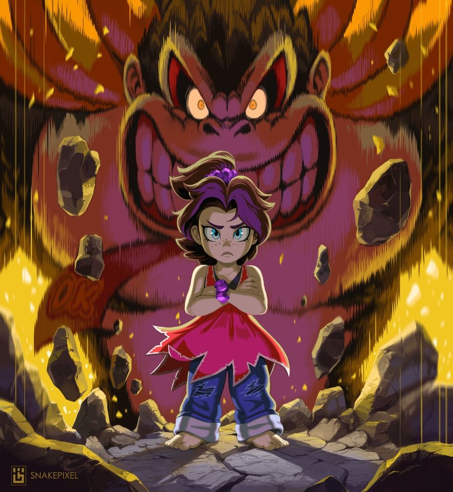 Illustration of Pauline fom Donkey Kong Bananza, standing sternly on a stone floor. Behind her, Donkey Kong in his Bananza form, aggressively breaks out of the bedrock.