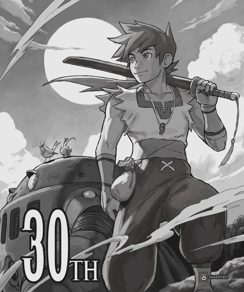Sketch of Ryu and Ershin from Breath of fire, overlooking a cliff, the sun setting behind them. There are also two tiny birds. They're great.