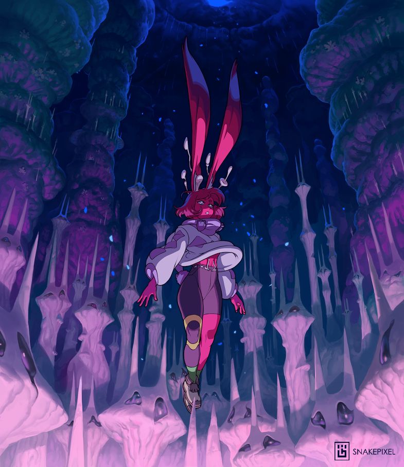 Mira appearing to be floating in the middle of a cavern, surrounded by ominous growtch with faces. Her eyes glow the same as the particles that surround her.
