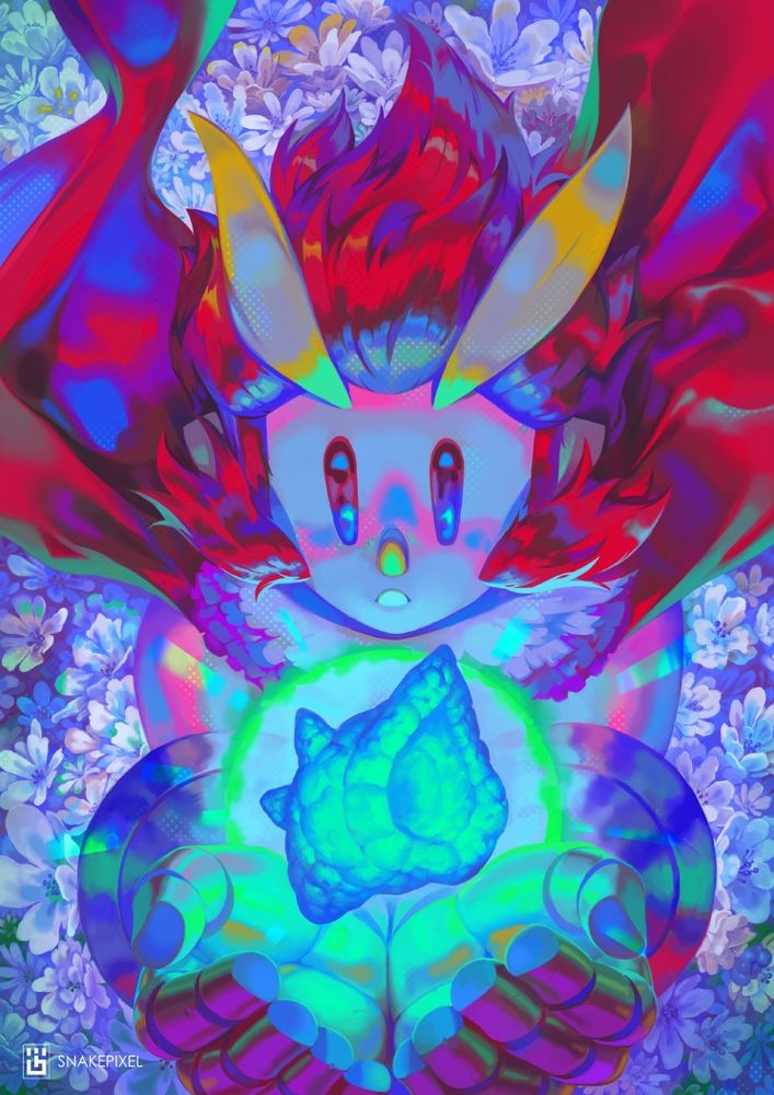 Otus the owl from the game Owlboy. A seashell glows gently in his outstreched hands. A field of flowers surrounds the scene