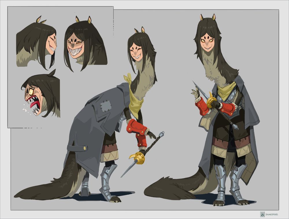 Very tall person with an extended neck and tail covered in fur, with two tiny ears at the top of the head. Otherwise appears relatively human. She's wearing a three-layered gray cloak, covering a neck bandana and an under-jacket. She wears a gray piece of chest armor with matching leg parts. Arms have big, elongated red cuffs. She holds a gold-buckled dagger with a handle longer than the blade. Despite smiling a lot, there's something devious about her expression.