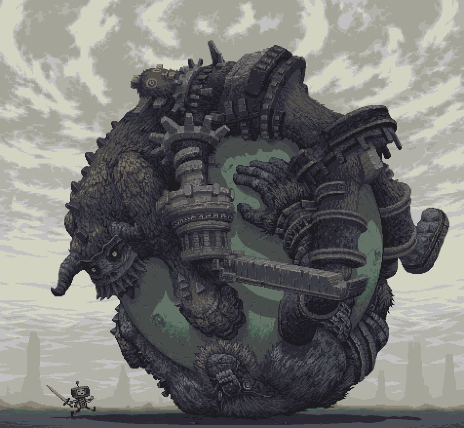 Pixel art of Wanderer and the colossi from Shadow of the Colossus, depicted as Katamari characters, the bosses being rolled in a giant ball.