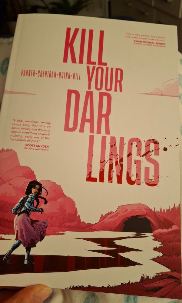 photo of the Cover of the comic "kill your darlings" showing a pink and white landscape and a young girl in Armor and a pink skirt