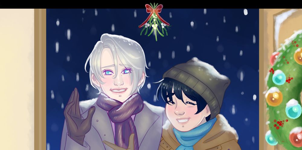 Viktor Nikiforov and Yuuri Katsuki stand in an open doorway. They wear bashful expressions and are blushing from the cold winter season. A colourful wreath decorates the door, and mistletoe hangs suspended above them.