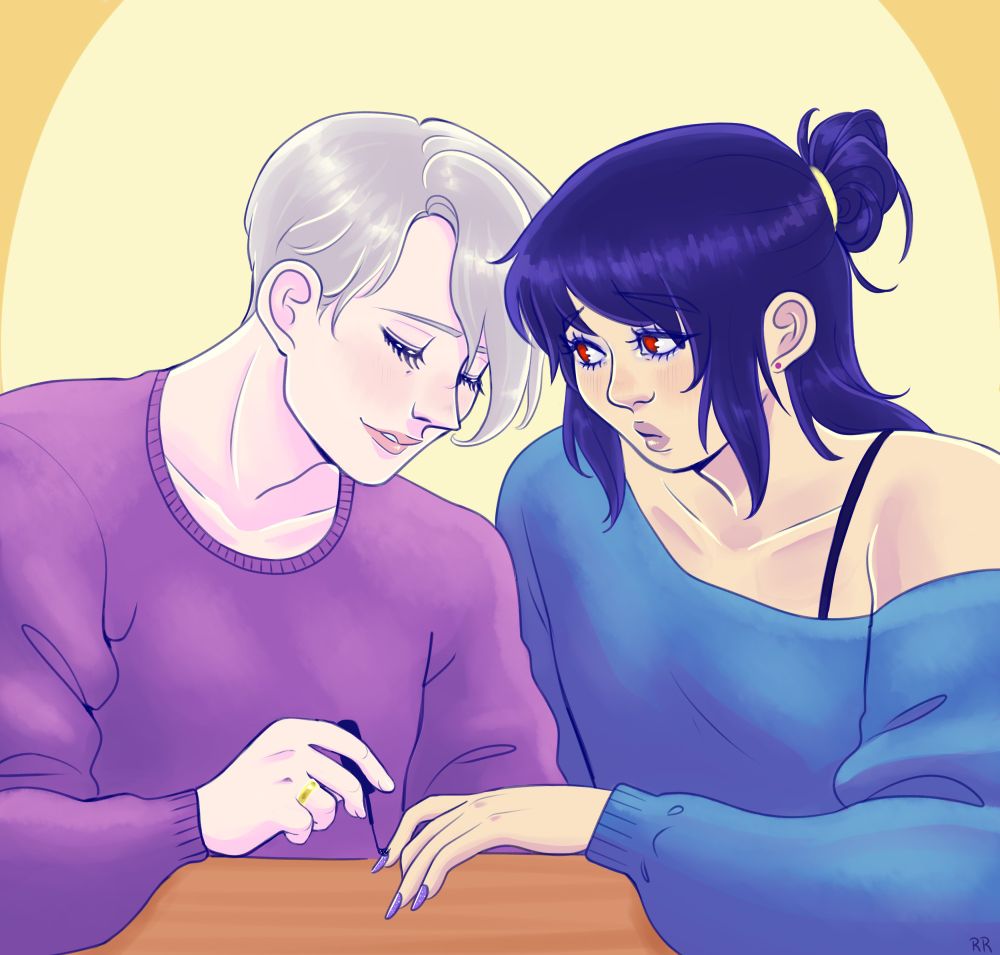 [Image description: Viktor Nikiforov helps paint Yuuri Katsuki's nails at a table. Viktor's head is down, focused, while Yuuri gazes up at his husband with a complicated expression on his face. Yuuri's hair is long, half of it tied back in a messy bun, and he wears blue and yellow eyeshadow with long lashes. His ears are pierced and his blue, loose shirt is off the shoulder, with the strap with what could be a bra underneath peaking out.]