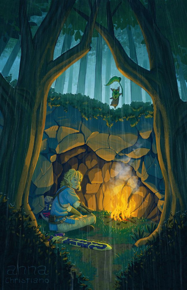 Illustration of Link from The Legend of Zelda: Breath of the Wild sitting by a campfire while he shelters from the rain in a small cave. A korok is floating above the cave and using a leaf as an umbrella.