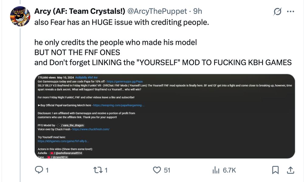 also Fear has an HUGE issue with crediting people.

he only credits the people who made his model 
BUT NOT THE FNF ONES
and Don't forget LINKING the "YOURSELF" MOD TO FUCKING KBH GAMES