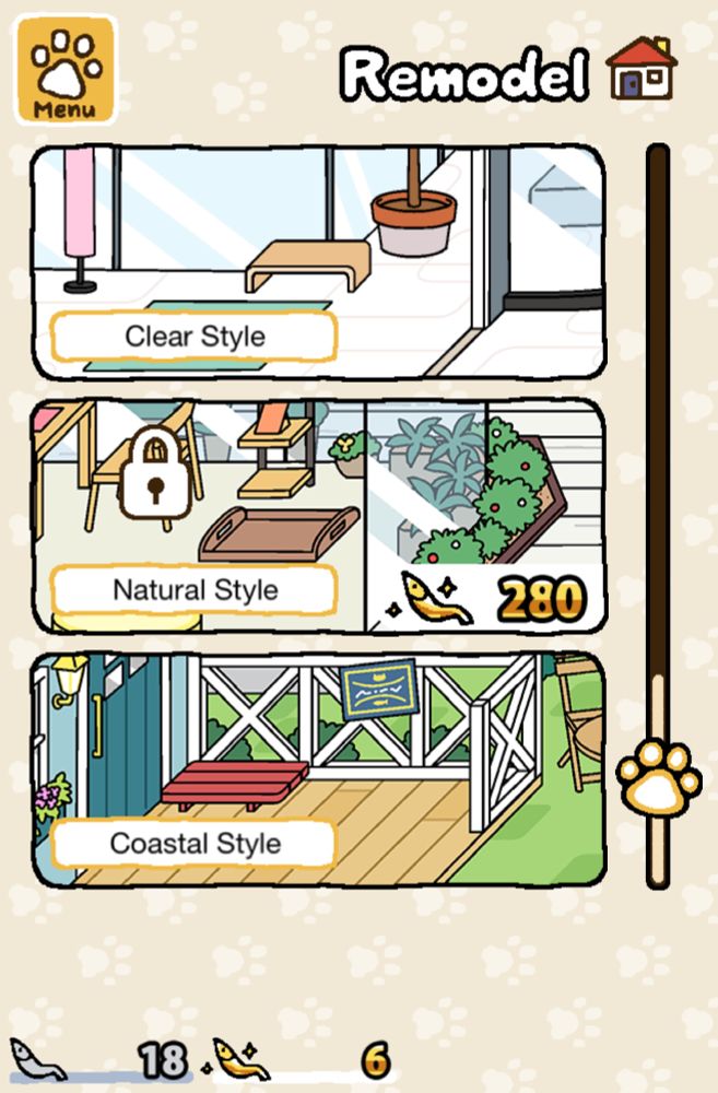 a screenshot from NekoAtsume+ where Clear style and Coastal style are both available for use