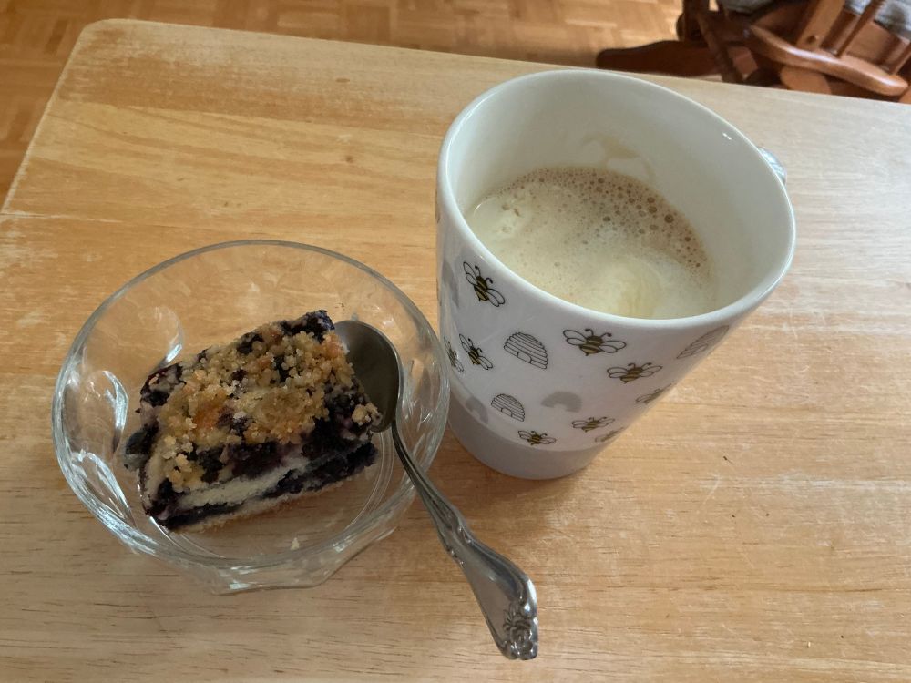 a picture of a homemade blueberry coffee cake and an affogato 