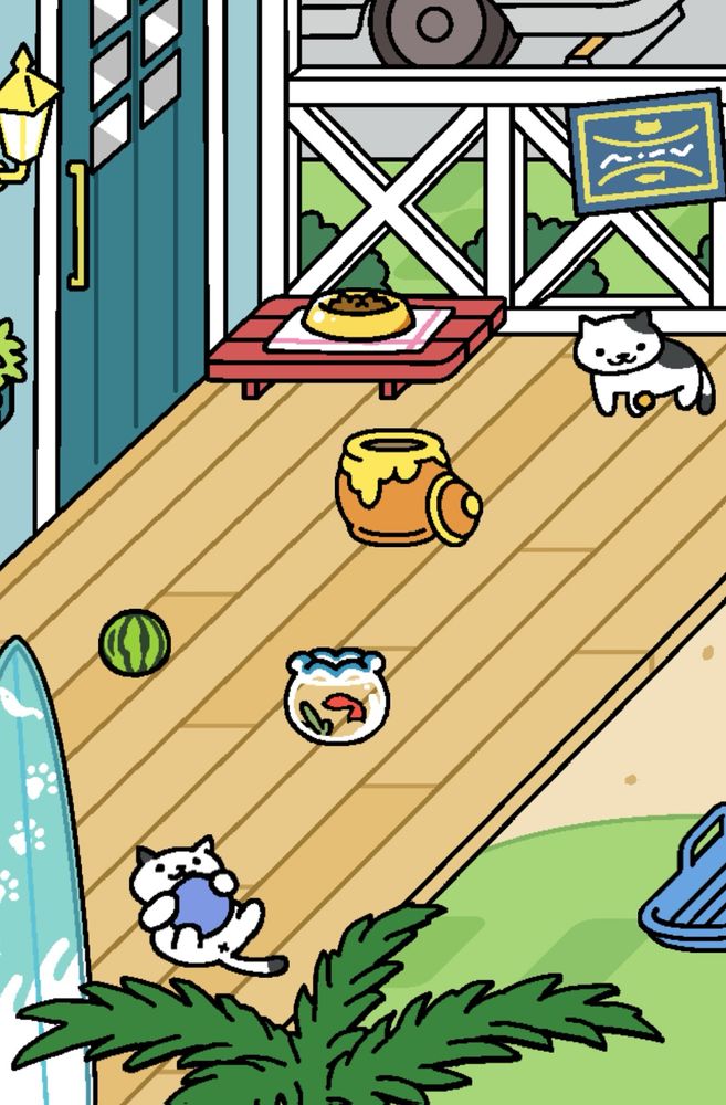a picture from Neko Atsume where Spots and Sooty are playing in the yard