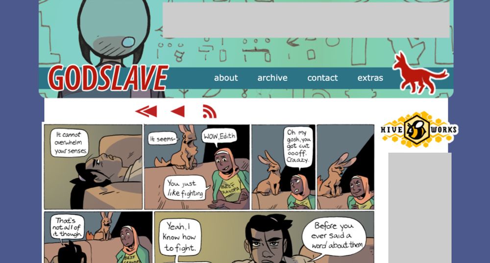 screenshot of the GODSLAVE website from 2016, using the wayback machine. Lot of clashing blues and then bright red accents.
