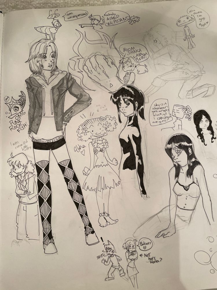 Sketchbook page filled with ink and pencil drawings of girls in different styles of cartooning