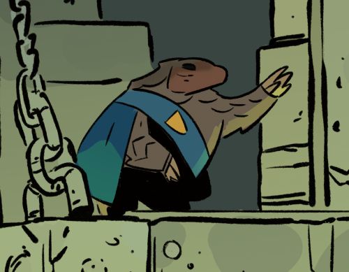 Crop of a comic panel from THE IRON BARGE comic. A pangolin guard in a blue cape and sash with a yellow badge stands on a draw bridge, waving.