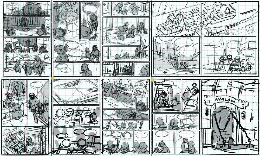 A series of sketched out comic pages from The Iron Barge comic 