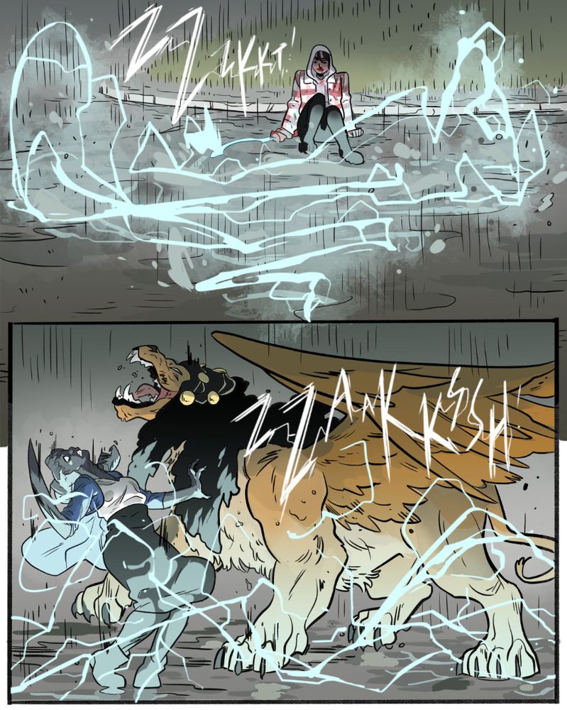 comic page from GODSLAVE, featuring a young woman touching a lightning blade to a rain puddle. A bolt travels across the road using the puddles to attack a sphinx and a woman with iron skin.