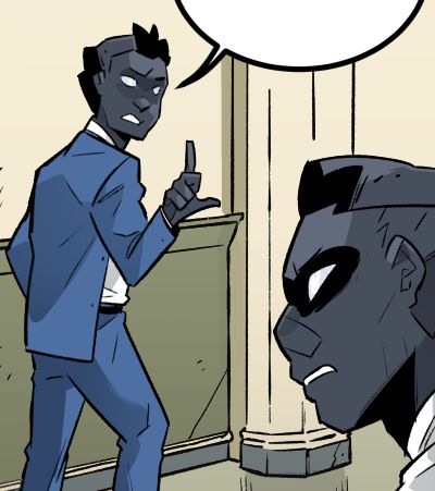 Cropped panel from the comic GODSLAVE. Two young men dressed in suits stand in a municipal building hallway, both of them with black iron for skin. One of them raises his hand to the other to wait a minute while he speaks.