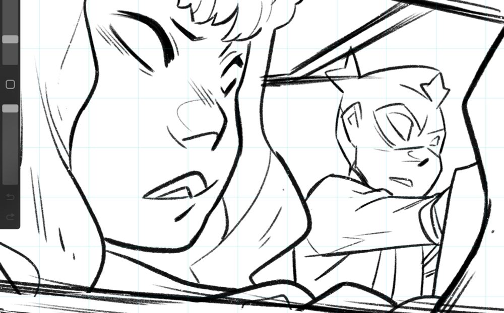Crop of an inked panel from the webcomic GODSLAVE. A close up on two characters with iron armor skin looking pensive