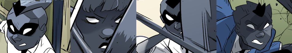 a series of cropped panels from the comic GODSLAVE, featuring different characters with grey iron skin being attacked.