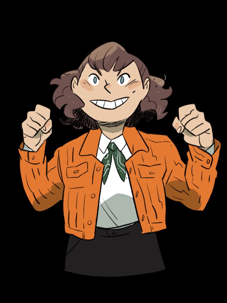 cartoon drawing of a woman excitedly holding her fists up. She has short, curly brown hair and is wearing an orange denim jacket with a white collared shirt, black pants and a green bandana around her neck tied in a knot