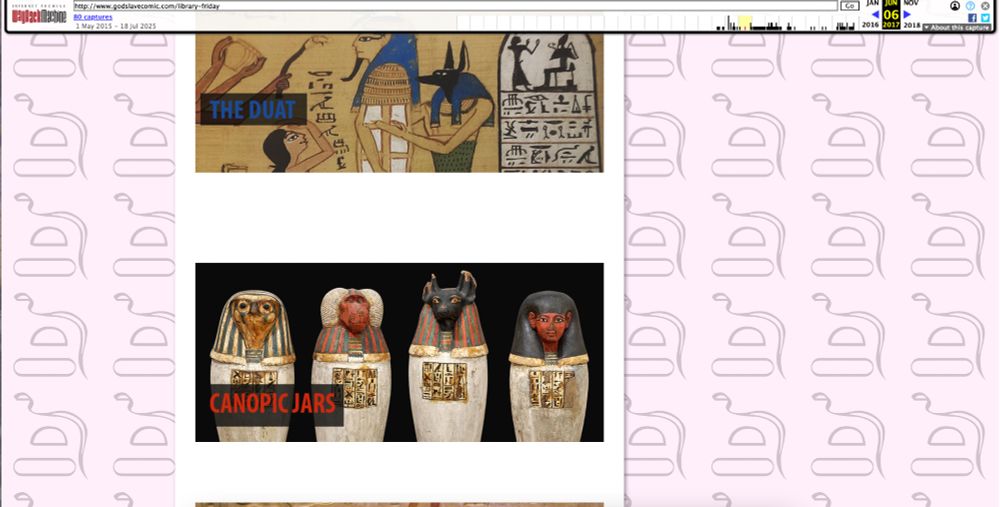 screenshot from the GODSLAVE website in 2017, using the wayback machine.
A banner image of the Egyptian god Anubis, with the title 'The Duat'
A banner image of Egyptian Canopic Jars, with the title 'Canopic Jars'