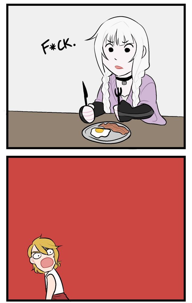 A comic recreating the love live gasp comic by Ida Zhu (ayedah) with Hatchetko's OCs (Mince, Kurt, Ivy and Len)
Panel 1:  At a later time, Ivy says fuck
Panel 2: Kurt's mouth is open in a gasp, very small on the panel 