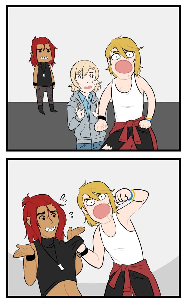 A comic recreating the love live gasp comic by Ida Zhu (ayedah) with Hatchetko's OCs (Mince, Kurt, Ivy and Len)
Panel 1: Mouth still agape, Kurt shoves past his brother Len
Panel 2: Kurt holds Mince by the front of his shirt, ready to punch him