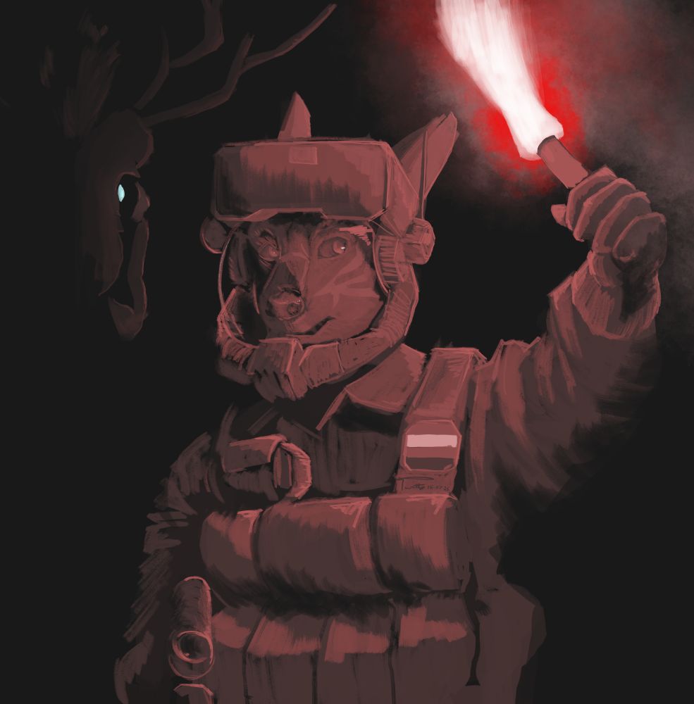 My fursona, Crane, wearing an eva mask in total darkness holding out a red flare while being stalked by a not deer