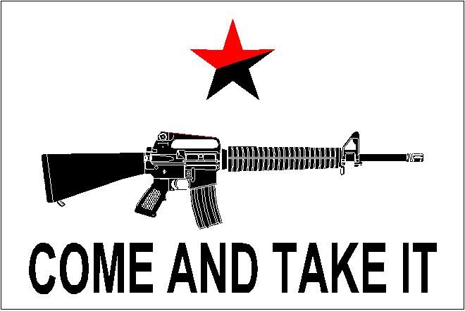 A half red, half black star on top of a black rifle and text that reads "COME AND TAKE IT" on a white background. 