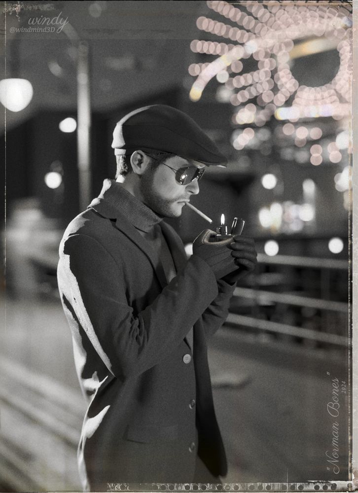 3D render of a man lighting a cigarette with a ferris wheel in the background.