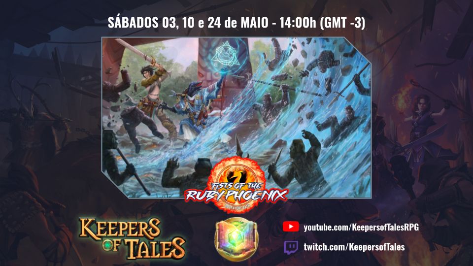 Um slide bonitinho colorido com ilustrações da Trilha de Aventura Punhos da Fenix de Rubi, com os logos do nosso canal e da Trilha sobrepostos. No topo as datas das sessões de jogo dias três, dez e vinte e quatro de maio. No canto inferior direito os links para nosso canal no YouTube e Twitch. Eu deveria fazer esses links clicáveis na postagem.