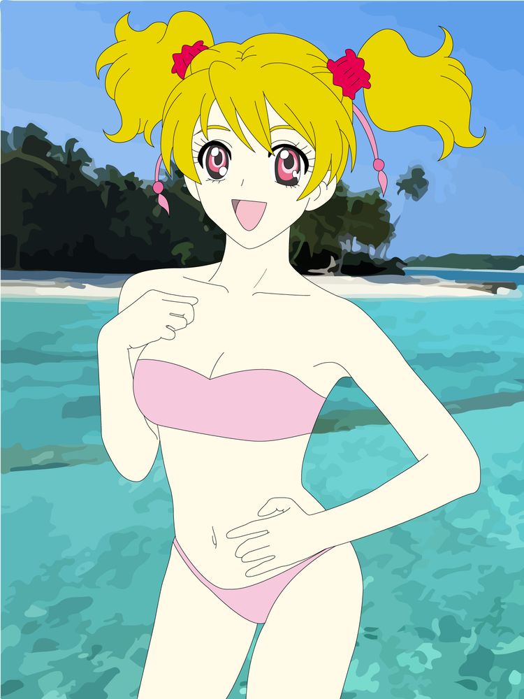 『フレッシュプリキュア！』の桃園ラブ。
ビキニ姿で海水浴中。