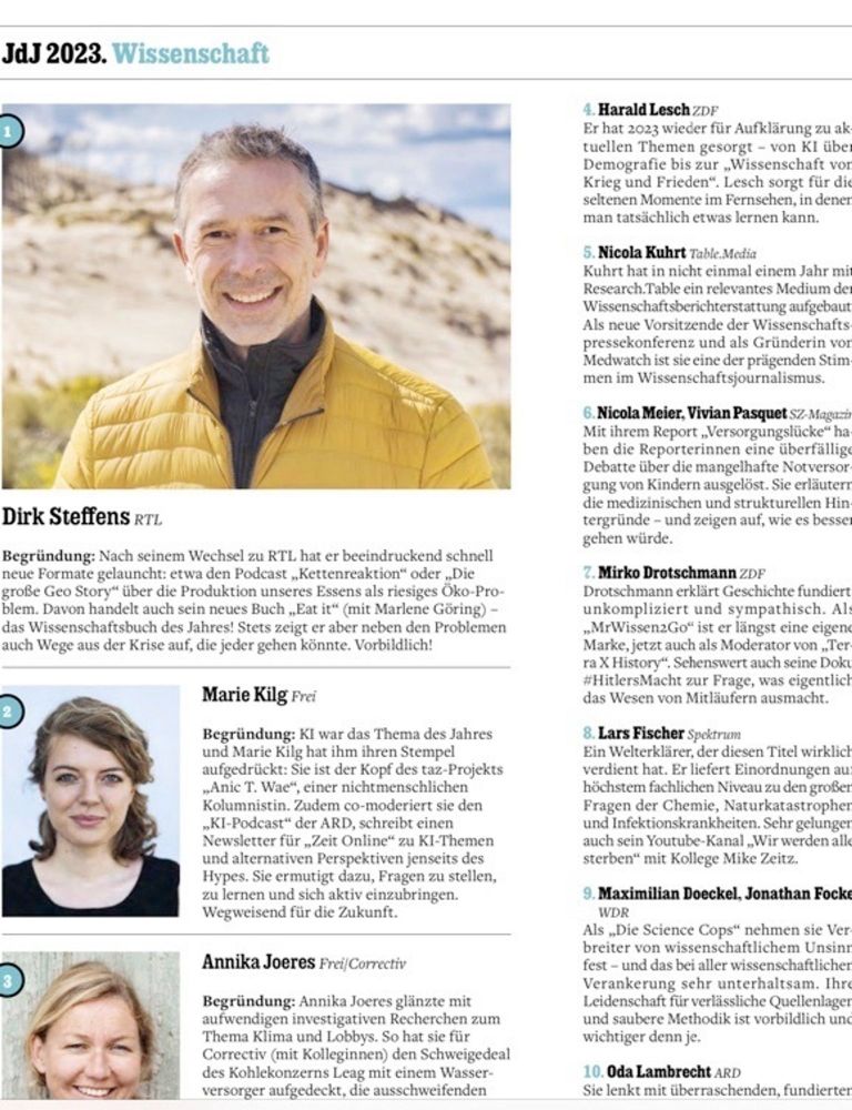 Screenshot der Top 10 der Wissenschaftsjournalistinnen und -journalisten 2023. Abgebildet sind Dirk Steffens, Marie Kilg und Annika Joeres