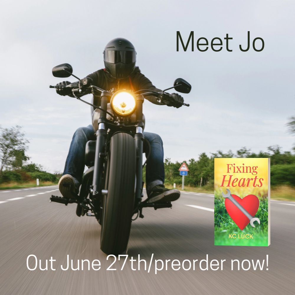 Woman on a motorcycle riding down a highway. Book cover in the corner.
