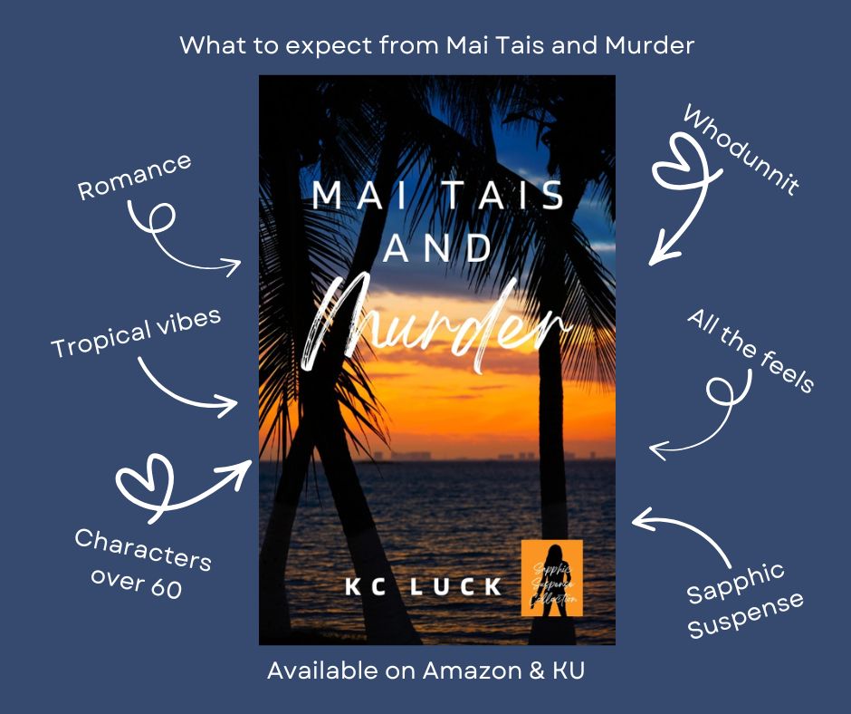 Cover of Mai Tais and Murder with a list of relevant characteristics. Romance, tropical vibes, characters over 60, whodunnit, all the feels, sapphic suspense.