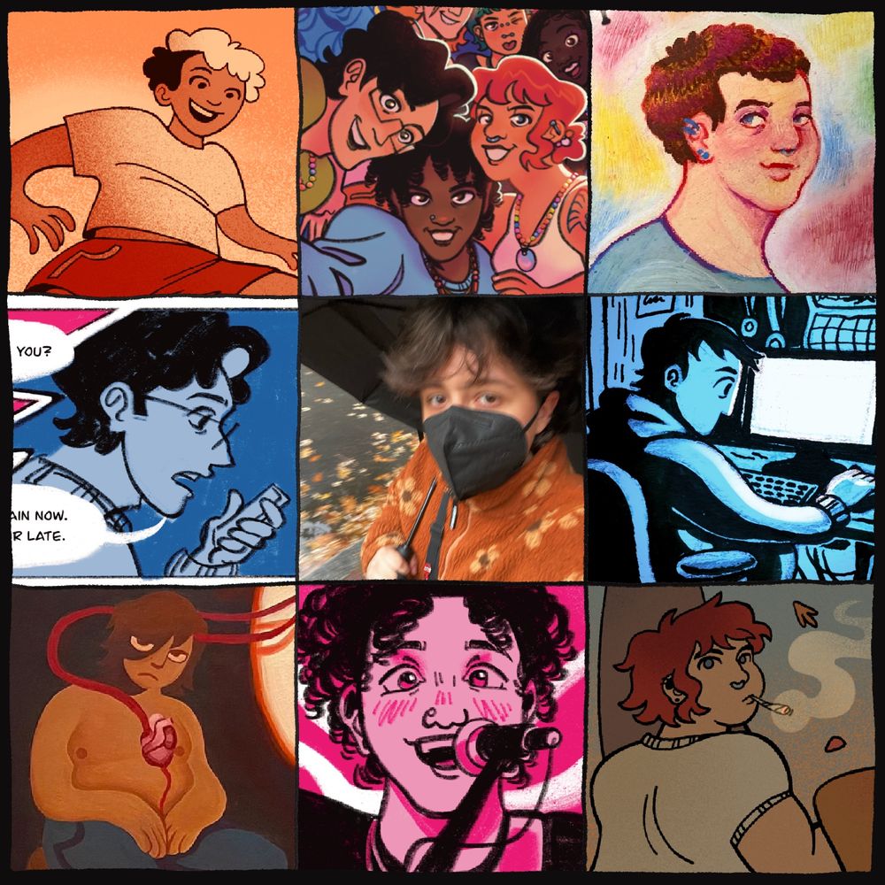 A 3 by 3 grid of various illustrated faces and characters that showed up in Quinn’s art in 2024 with a real life selfie of Quinn wearing a mask and holding an umbrella in the center.