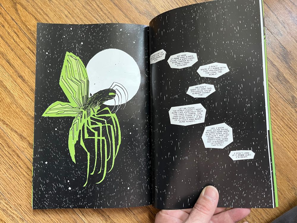 A drawing of a strange insect against the night sky