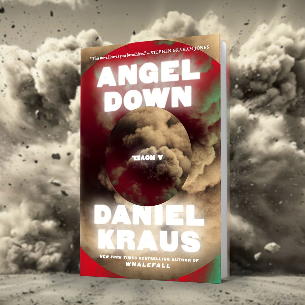 A photo of the angel down book jacket in front of clouds of smoke