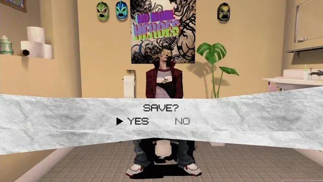 Travis Touchdown sitting down on a toilet. The game has a menu with a crumpled toilet paper pattern cover up Travis's waist area, censoring the view. The menu says: "Save?" with an option of Yes or No