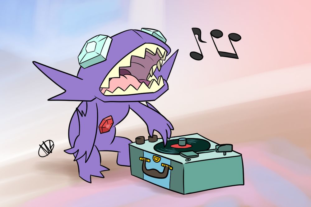 The gem gremlin Pokémon, Sableye, mimicking a famous scene from Disney's Lilo and Stitch movie. He is placing his index finger's claw on a spinning record, as if it were the record player's needle, and music is coming out of his mouth. In the Lilo and Stitch movie, Elvis Presley music comes out of Stitch's mouth. The caption is implying "Diamond Are a Girl's Best Friend" song from the musical "Gentlemen Prefer Blondes" musical is playing out of Sableye's mouth, as a nod to the Pokémon's gem stones.