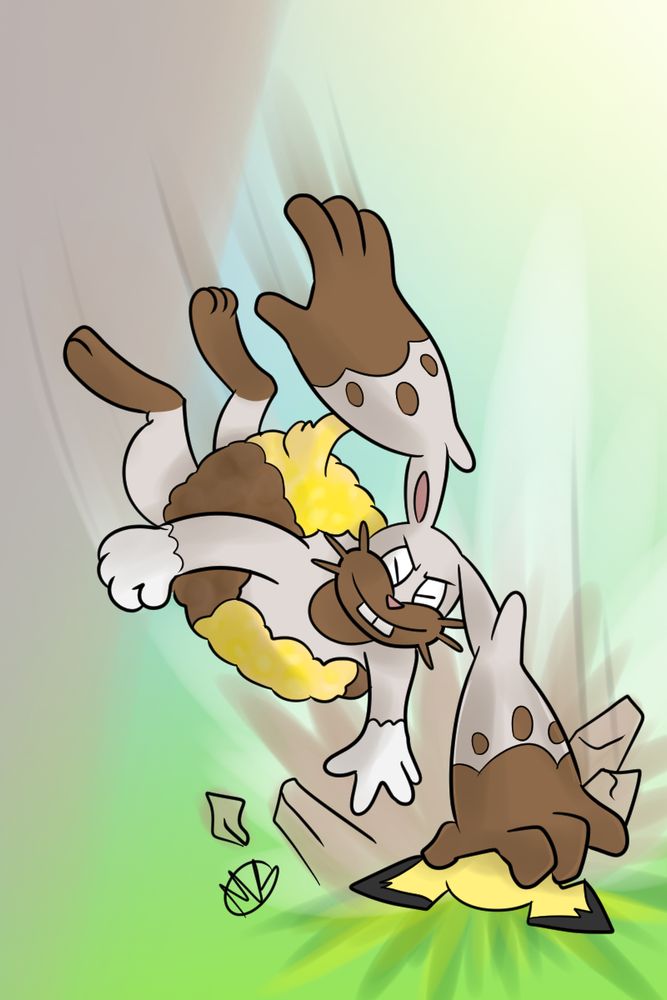The large rabbit Pokémon, Diggersby, falling from the sky and slamming Pichu's face into the ground with tremendous force.