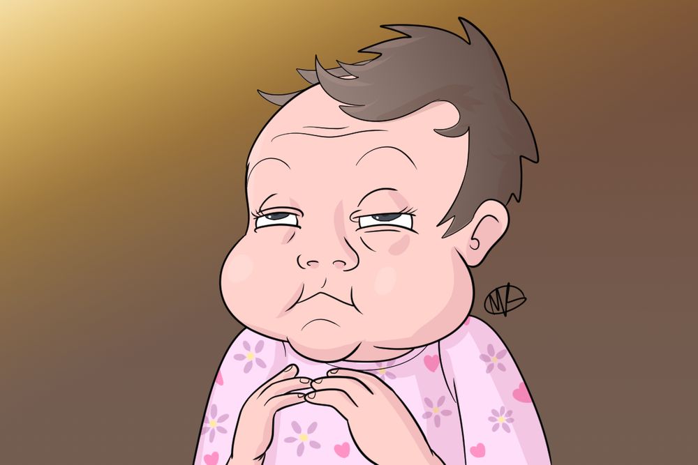 A one month old baby with eyes nearly closed with pupils rolled up. She has a smug, yet sleepy expression. Her finger tips are touching like she is plotting a nefarious plot.