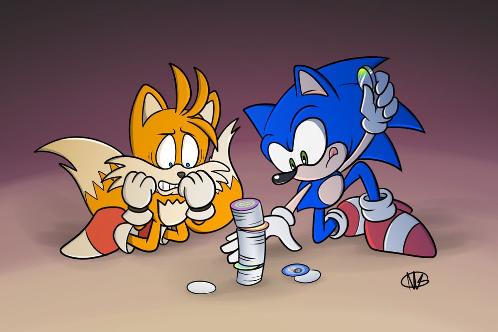An orange, two-tailed fox named Tails, with a worried look on his face, watching a tall stack of cardboard circles known as pogs. Sonic the Hedgehog is leaning on the ground towards the stack of pogs, holding a shiny "slammer" above his head. In the game of pogs, you throw the "slammer" onto the stock of pogs in an effort to flip them over. Playing for keeps meant the winner would keep all of the loser's pogs. Two of the visible pogs have an Eight-Ball design and the cool "S".