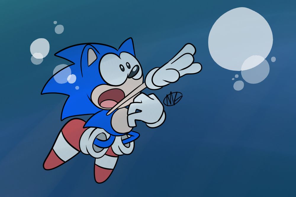 Sonic the Hedgehog under water, running out of air, reaching for a bubble.