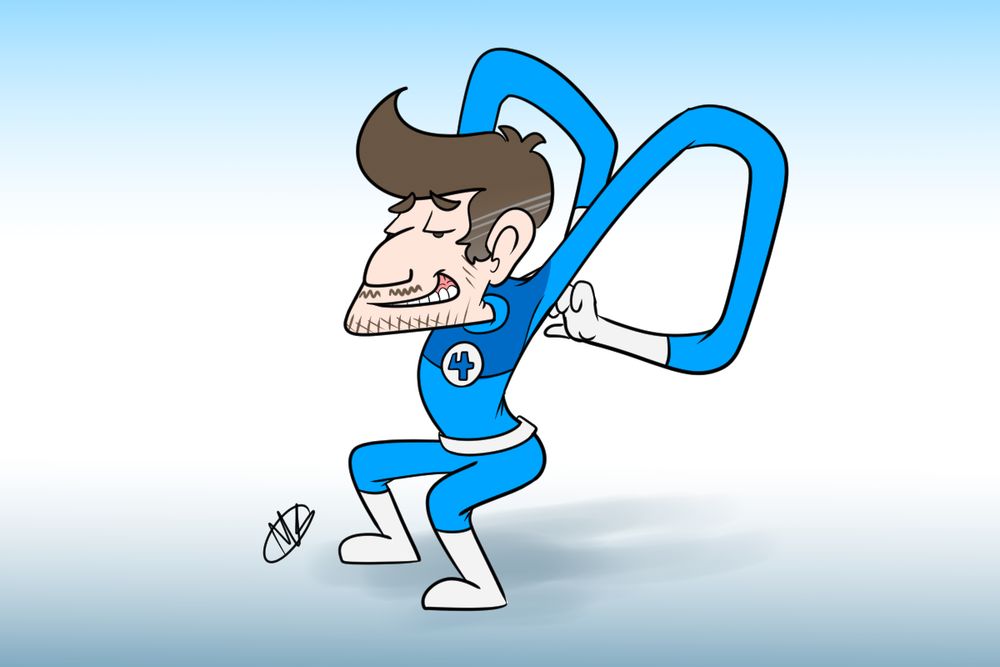 Mr. Fantastic of the Fantastic Four with a snarky grin, stretching his arms backwards in a loop so he can scratch the middle of his back.