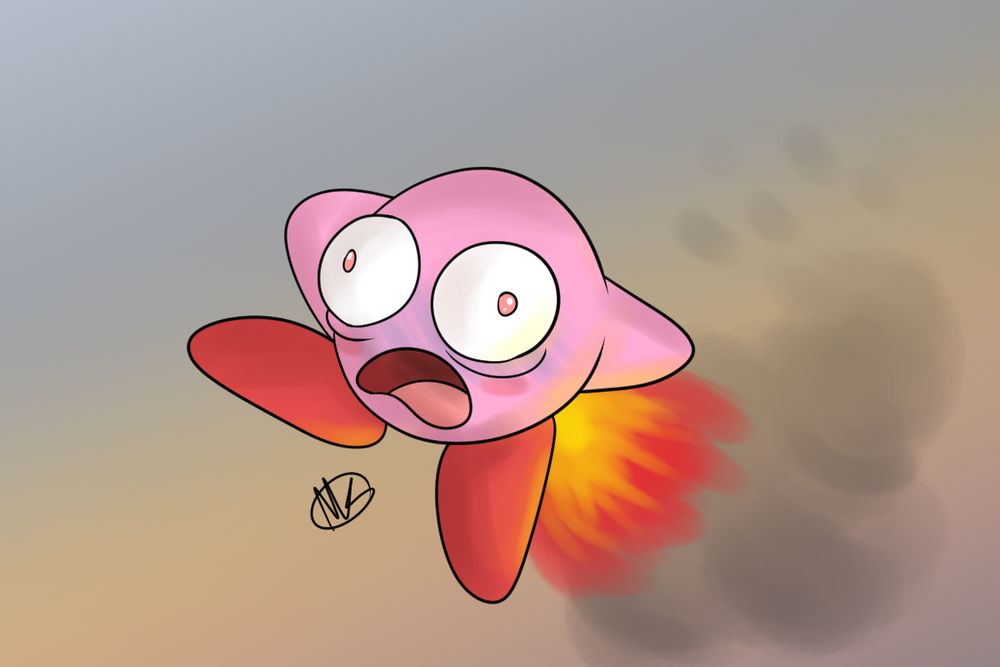 Nintendo's famous pink puff ball character, Kirby, with eyes bugging out and flailing through the air as his butt is on fire! 